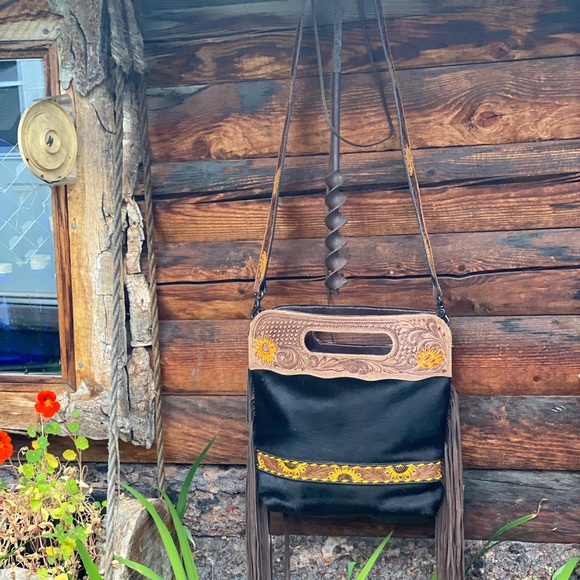 MYRA BAG BLACK VELVET COWHIDE HAND-TOOLED - Picture 1 of 9